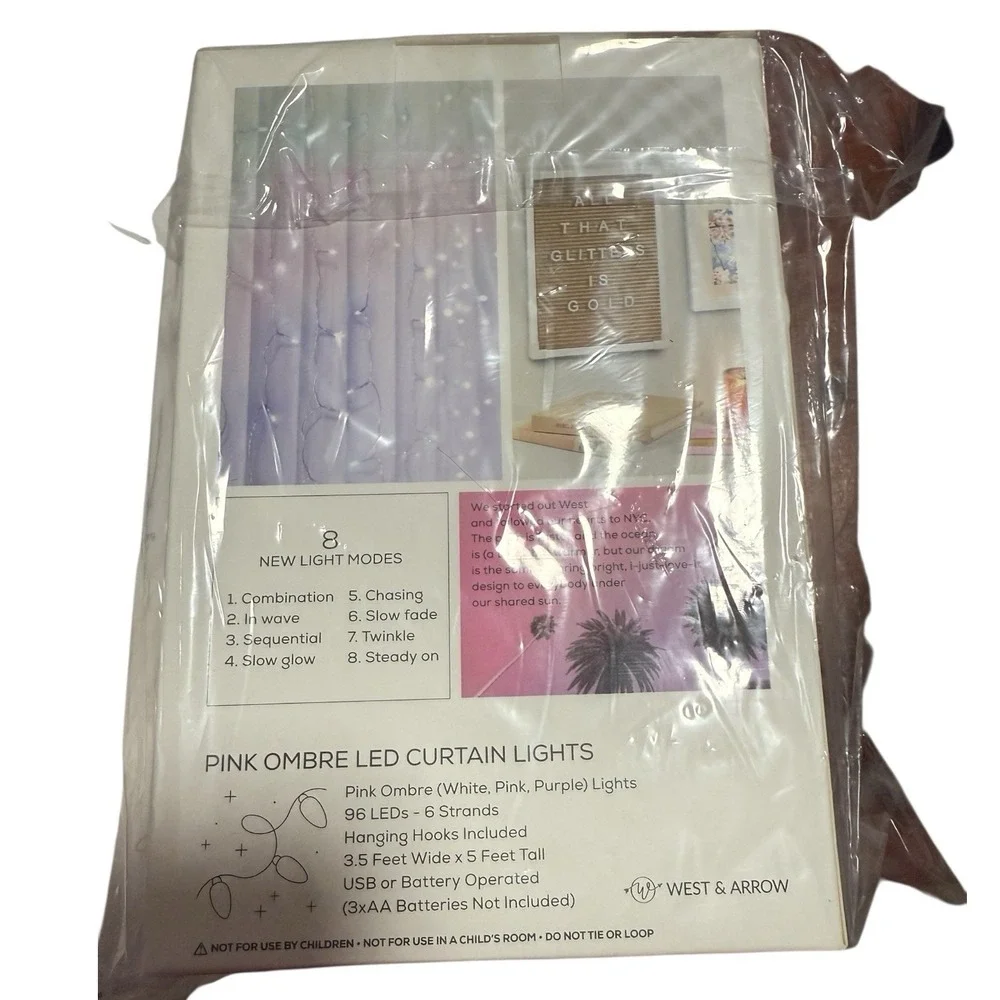 WEST & ARROW 96 LED Fairy Curtain String Lights Pink & Purple Ombre 8ft NWT (x4)